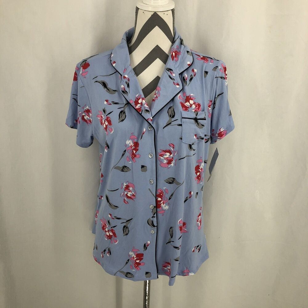 PJ Couture Blue Floral Short Sleeve Pajama Top 83133 Large NWT